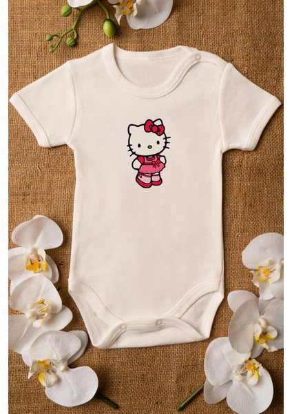 Kız Bebek Hello Kitty Organik Baskılı Pamuklu Ekru Çıtçıtlı Body Zıbın 5096
