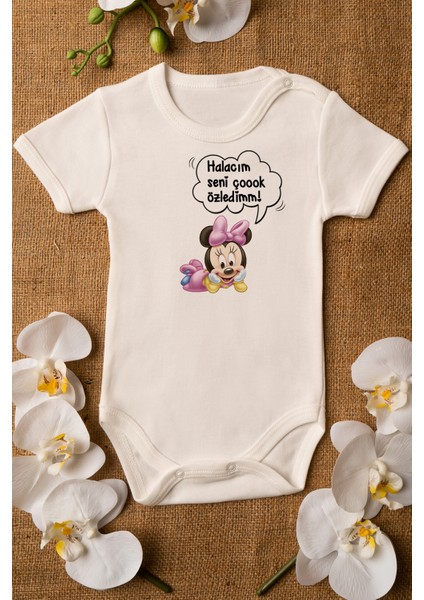 Mickey Mouse Hala Seni Çok Özledim Organik Baskılı Pamuklu Ekru Çıtçıtlı Body Zıbın 5072