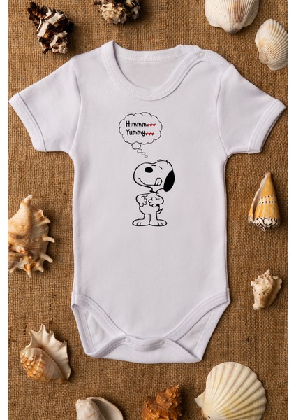 Sevimli Köpek Snoopy Organik Baskılı Pamuklu Beyaz Çıtçıtlı Body Zıbın 5094