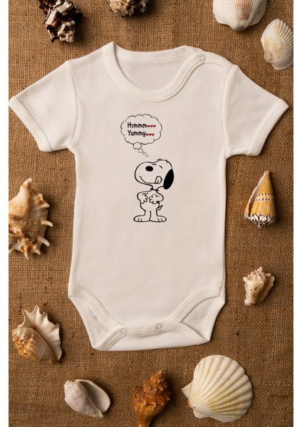 Sevimli Köpek Snoopy Organik Baskılı Pamuklu Ekru Çıtçıtlı Body Zıbın 5094
