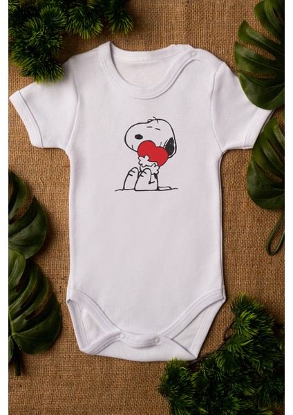 Bebek Snoopy Organik Baskılı Pamuklu Beyaz Çıtçıtlı Body Zıbın 5082