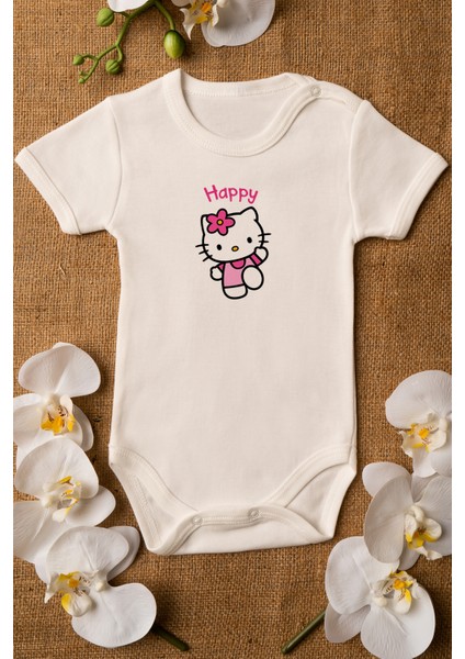 Kız Bebek Hello Kitty Happy Organik Baskılı Pamuklu Ekru Çıtçıtlı Body Zıbın 5098