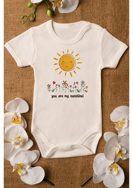 You Are My Sunshine Güneş Organik Baskılı Pamuklu Ekru Çıtçıtlı Body Zıbın 5095