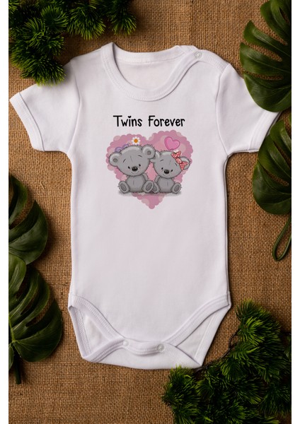 Twins Forever Ikiz Kardeş Bebek Body Organik Baskılı Pamuklu Beyaz Çıtçıtlı Body Zıbın 5100