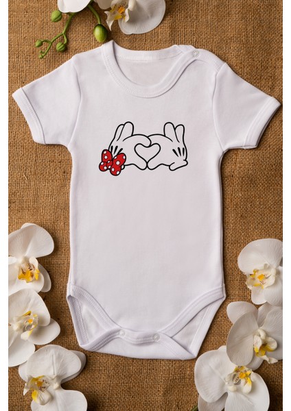 I Love You Minnie Mouse Organik Baskılı Pamuklu Beyaz Çıtçıtlı Body Zıbın 5109