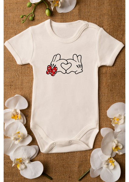 I Love You Minnie Mouse Organik Baskılı Pamuklu Ekru Çıtçıtlı Body Zıbın 5109