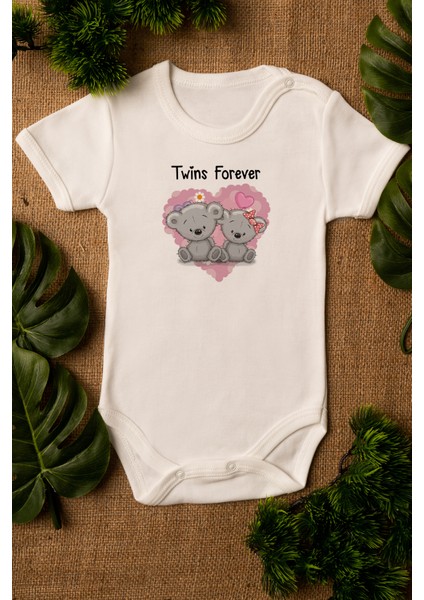 Twins Forever Ikiz Kardeş Bebek Body Organik Baskılı Pamuklu Ekru Çıtçıtlı Body Zıbın 5100