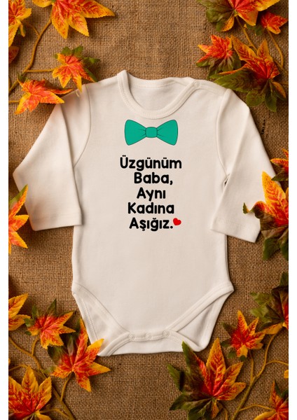 Erkek Bebek Üzgünüm Baba Yazılı Organik Baskılı Uzun Kollu Ekru Çıtçıtlı Body / Zıbın 8000
