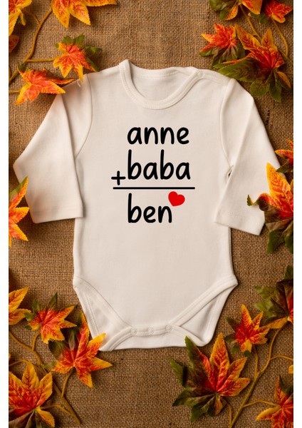 Bebek Anne Baba Yazılı Organik Baskılı Uzun Kollu Ekru Çıtçıtlı Body / Zıbın 8002