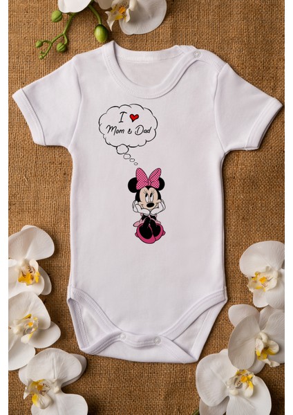 I Love Mom And Dad Minnie Mouse Organik Baskılı Pamuklu Beyaz Çıtçıtlı Body Zıbın 5108
