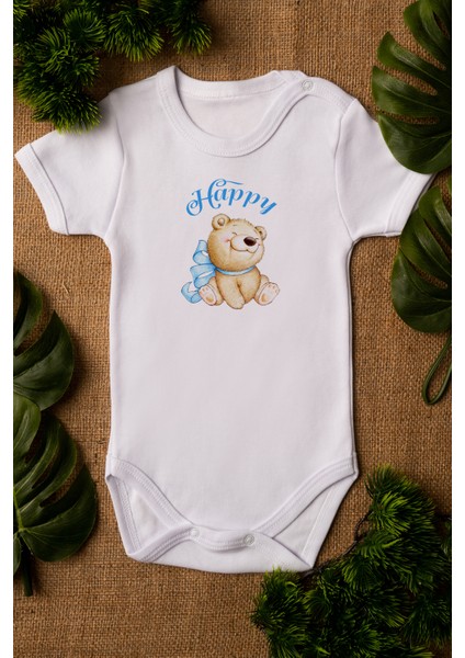 Sevimli Mutlu Ayıcık Happy Organik Baskılı Pamuklu Beyaz Çıtçıtlı Body Zıbın 5102