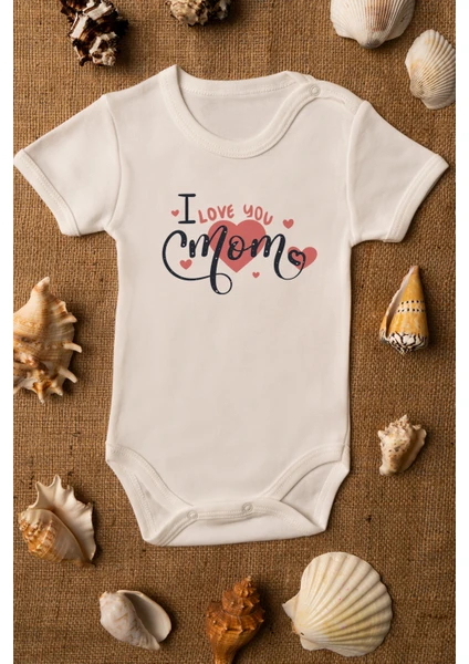 I Love You Mom Organik Baskılı Bebek Body Pamuklu Ekru Çıtçıtlı Body Zıbın 5112