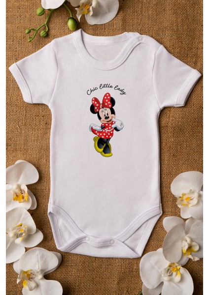 Kız Bebek Little Lady Minnie Mouse Organik Baskılı Pamuklu Beyaz Çıtçıtlı Body Zıbın 5107