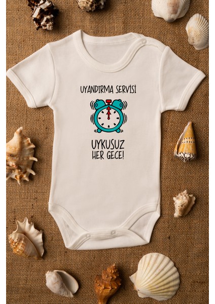 Uyandırma Servisi Uykusuz Her Gece Organik Baskılı Bebek Body Pamuklu Ekru Body Zıbın 5116