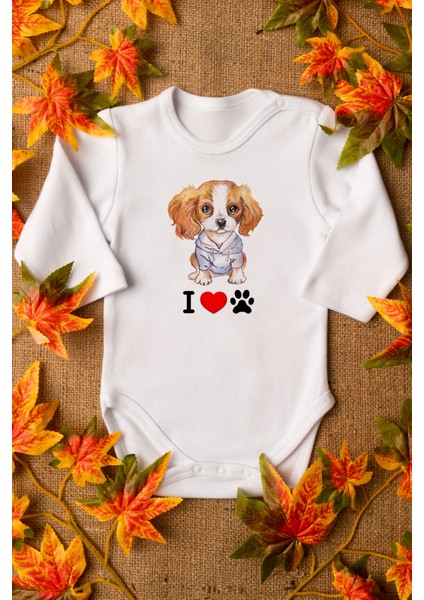 Bebek Sevimli Köpek Organik Baskılı Uzun Kollu Beyaz Çıtçıtlı Body / Zıbın 8009