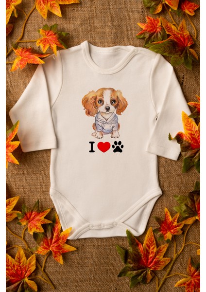 Bebek Sevimli Köpek Organik Baskılı Uzun Kollu Ekru Çıtçıtlı Body / Zıbın 8009