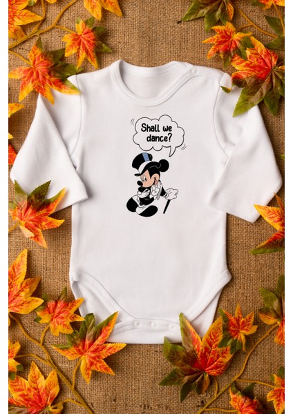 Mickey Mouse Shall We Dance Organik Baskılı Pamuklu Beyaz Çıtçıtlı Body Zıbın 8067