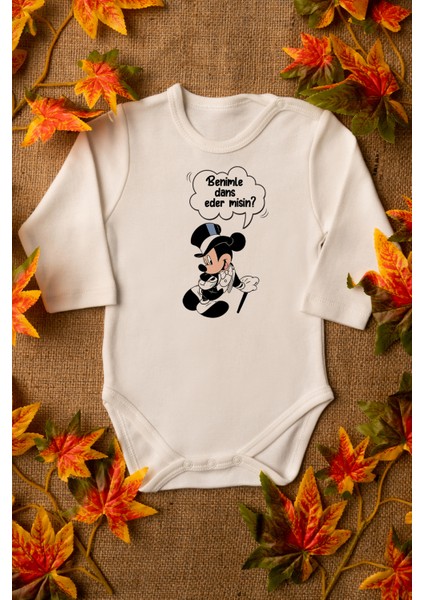 Mickey Mouse Benime Dans Eder Misin Organik Baskılı Pamuklu Ekru Çıtçıtlı Body Zıbın 8068