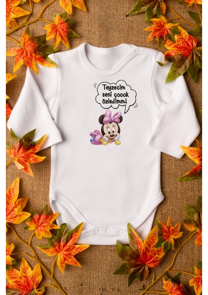 Mickey Mouse Teyze Seni Çok Özledim Organik Baskılı Pamuklu Beyaz Çıtçıtlı Body Zıbın 8071