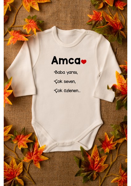 Bebek Amca Baba Yarısı Yazılı Organik Baskılı Uzun Kollu Ekru Çıtçıtlı Body / Zıbın 8007