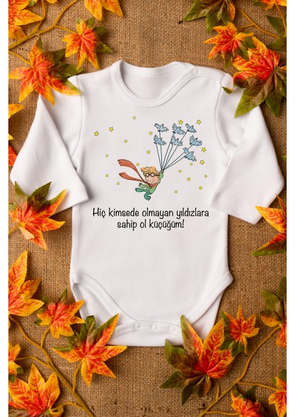 Küçük Prens Organik Baskılı Pamuklu Beyaz Çıtçıtlı Body Zıbın 8077