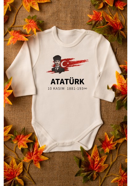 Atatürk 10 Kasım Bebek Body Zıbın Organik Baskılı Bebek Body Pamuklu Ekru Body Zıbın 8119