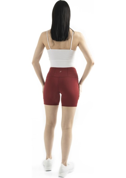 Spocket Kadın Bordo Cepli Yüksek Bel Toparlayıcı, Sıkılaştırıcı Yoga Şort Tayt 6" modelleri