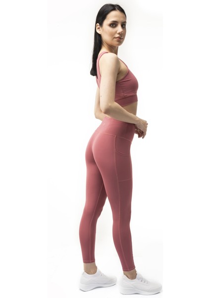 Spocket Kadın Gül Kurusu Cepli Yüksek Bel Toparlayıcı, Sıkılaştırıcı Yoga Tayt 25"