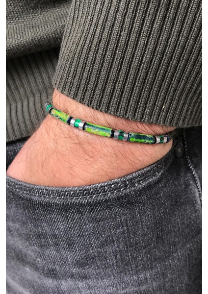 Varisit Taşlı Yeşil Renkli Ayarlanabilir Makrome Erkek Bileklik FRJ11310-1410-Y