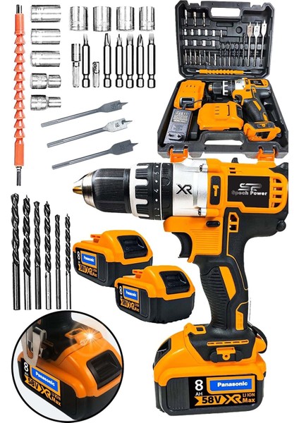 Amerikan Lion-Xr 58 V 8 Ah Darbeli Çelik Şanzuman Bakır Sargılı 2 Akülü Profesyonel Vidalama