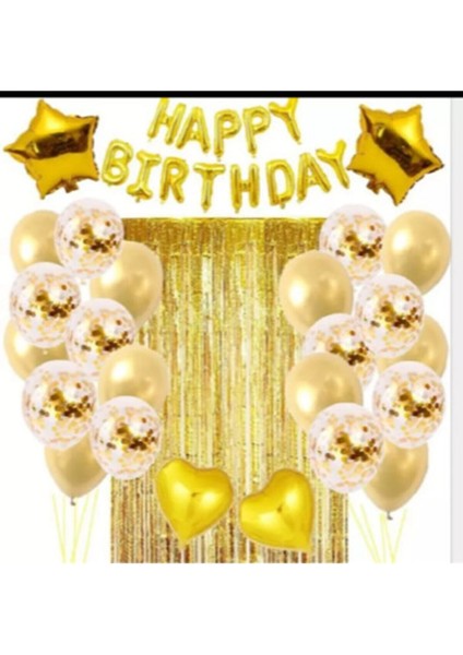 Happy Bırthday Gold Perdeli Şeffaf Balonlu Doğum Günü Seti
