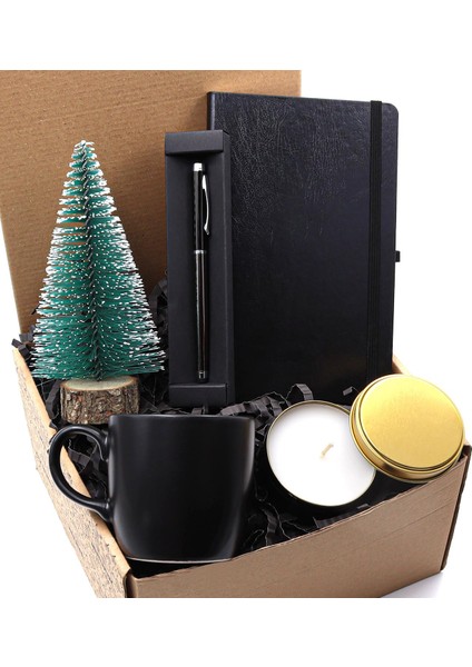 Siyah Defter & Çam Ağacı & Dokunmatik Füme Roller Kalem & Siyah Kupa & Gold Renk Metal Kutulu Mum Hediye Seti