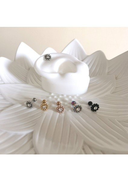 Cerrahi Çelik Siyah Iri Boy Çiçek Piercing 6 mm