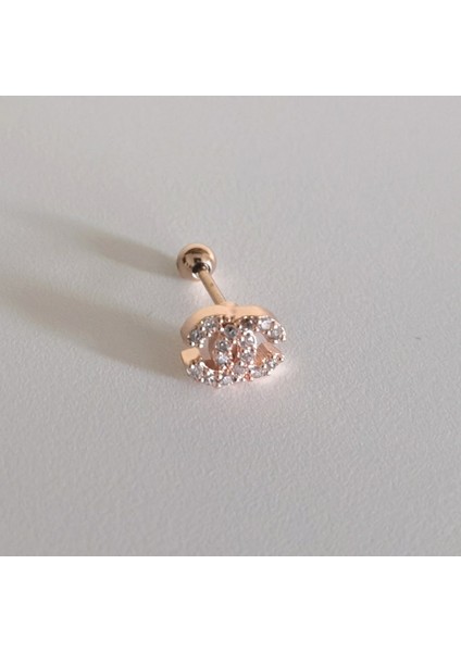 Cerrahi Çelik CC Logo Piercing-Helix-Tragus-Lobe Gül Altın Rengi-Ölçüleri Kalınlık 1mmXBar Uzunluğu 6mm1 adet