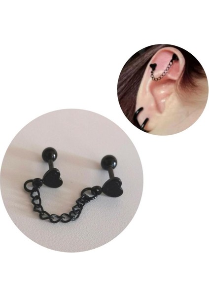 Cerrahi Çelik Zincir Detaylı Kalp Piercing Siyah