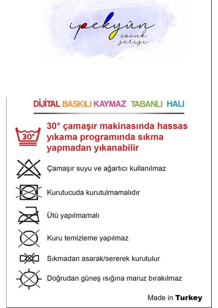 Kaymaz Tabanlı Ince Yıkanabilir Leke Tutmayan Dijital Baskılı Çocuk Halısı Çiv Çiv