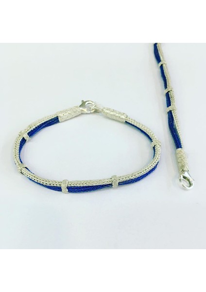 Gümüş Mavi Beyaz Kazaziye El Işi Unisex (Erkek-Kadın) Bileklik