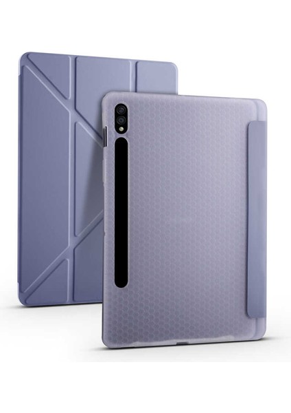 Samsung Galaxy Tab S7 Fe Lte / S7 Plus / S8 Plus T730 T735 T737 Kılıf Kalem Bölmeli Trifolding Case Mor