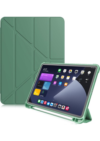 Samsung Galaxy Tab S7 Plus T970 T975 T977 Kılıf Kalem Bölmeli Trifolding Case Koyu Yeşil