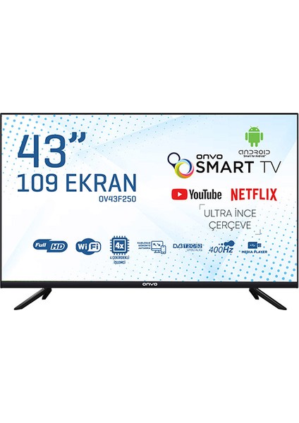 OV43F250 43" 109 Ekran Uydu Alıcılı Full HD Android Smart LED TV (Çerçevesiz)