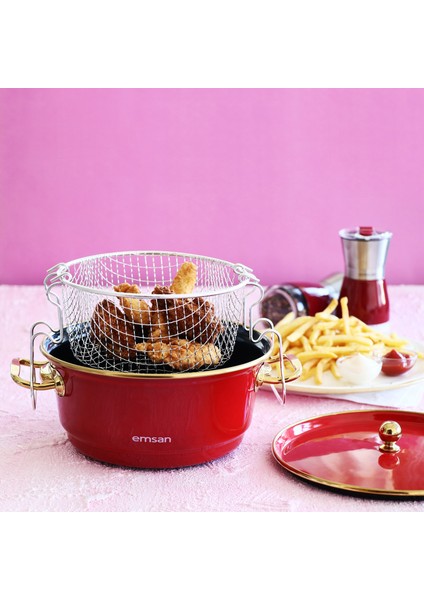 Troy Emaye Kızartma Tenceresi Kırmızı 24 cm