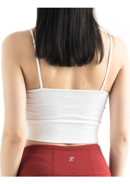 Beyaz Kadın Askılı Astarlı Pamuklu Fitilli Örme Crop Büstiyer Bluz fırsatları