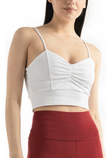 Beyaz Kadın Askılı Astarlı Pamuklu Fitilli Örme Crop Büstiyer Bluz