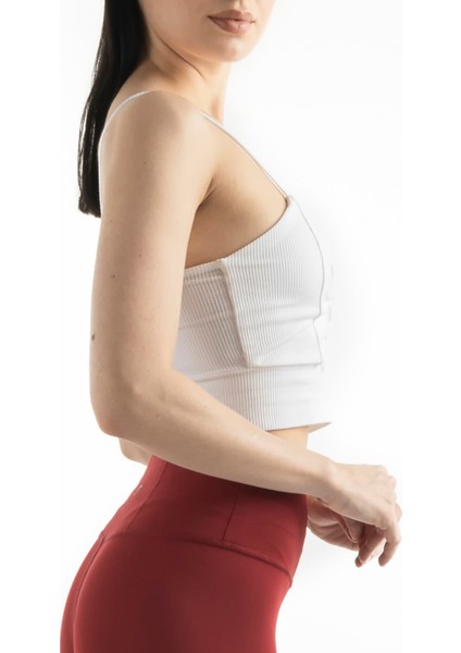Beyaz Kadın Askılı Astarlı Pamuklu Fitilli Örme Crop Büstiyer Bluz modelleri