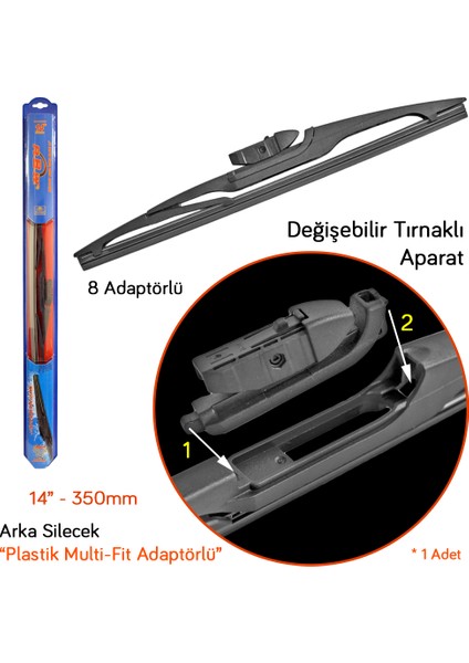 95014 Plastik Multi-Fit 8 Adaptörlü 14 Inç / 350 mm Arka Silecek