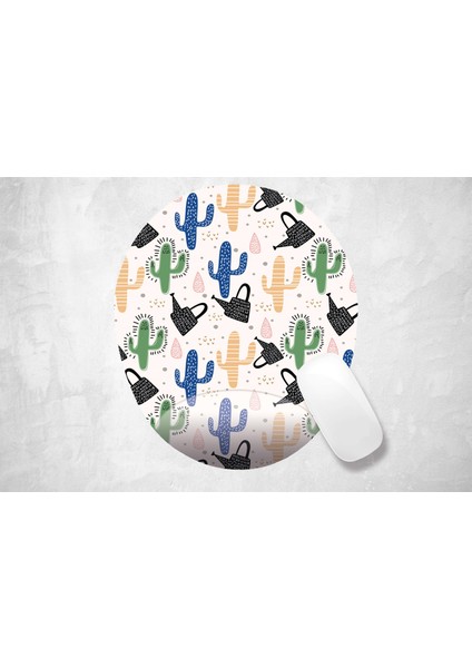 Renkli Kaktüsler Görselli - Baskılı Oval Mouse Pad