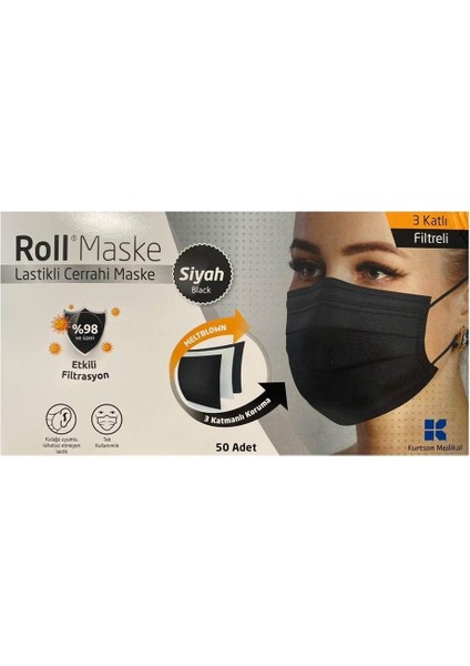 Maske 3 Katlı Lastikli Siyah Cerrahi Maske