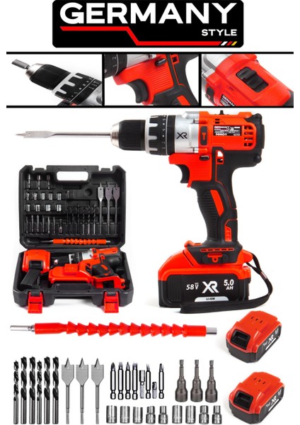 Germany Style GRMPRO7036T 58V Max Xr Çift Akülü Darbeli Torklu Matkap 30 Parça Aksesuar