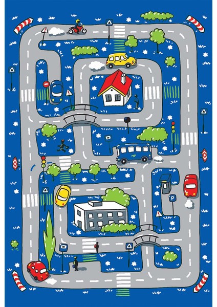Trafik Yolu Çocuk Kaymaz Tabanlı Makinede Yıkanabilir Halı Kilim Yolluk Mavi
