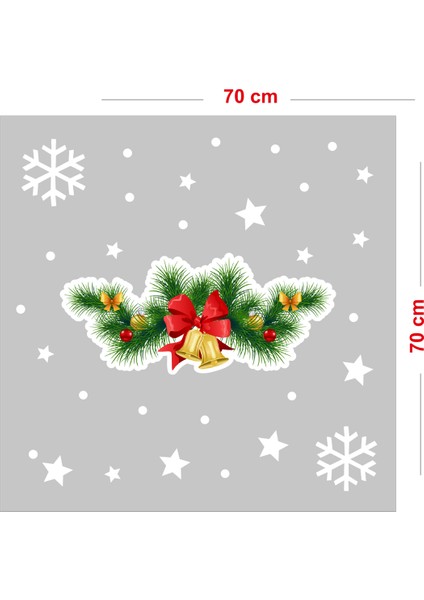 Yılbaşı Zilli Çam Ağacı Dalı ve Kar Taneleri Vitrin Sticker Yapıştırma